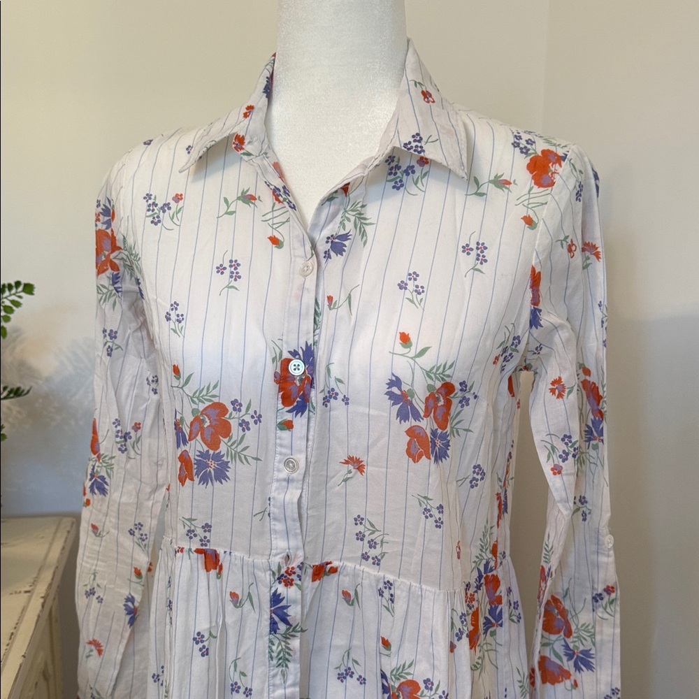 Veronica Beard White Floral Stripe Mini Dress with Red & Purple Flowers